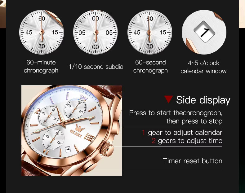 Olevs Chronograph Armbanduhr, Quarz, Leder, Gold, Herren - Bild 6