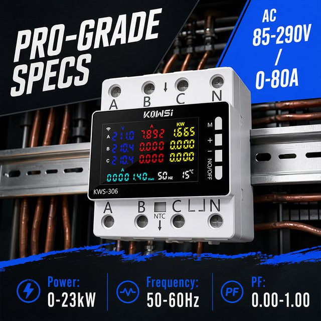 Diymore Smart Energiezähler für DIN-Schienen, 0-80A AC 85-290V, Energiemonitor mit NTC-Temperatursensor, programmierbarer Timer und Farbdisplay in Weiß - Bild 1