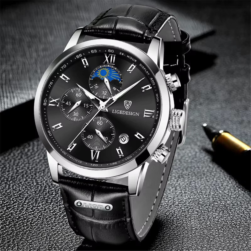 LIGE Armbanduhr, Leder, Mondphase, Quarz, Schwarz, Herren - Bild 4