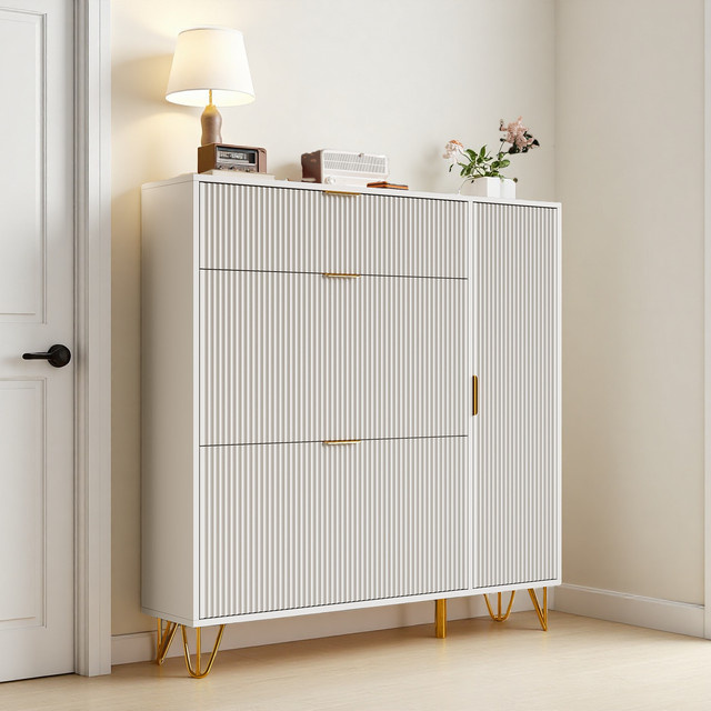 Roshanda Schmaler Schuhschrank mit Klappschubladen in Weiß und Gold für den Eingangsbereich oder das Wohnzimmer - Bild 1