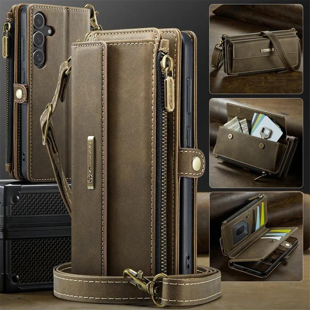 CaseMe Lanyard Handyhülle aus Leder mit Reißverschluss und Geldbörse für Samsung Galaxy S21, erhältlich in Schwarz, Braun, Lila und Pink - Bild 1