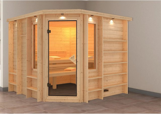 Karibu Premium Sauna Martha mit Eckeinstieg und LED-Dachkranz in Braun aus Fichte - Bild 1