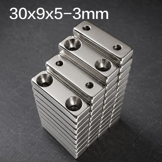 Neodym-Magnet N52 NdFeB Permanentmagnet Block mit Löchern in Silber, B: 30 mm, H: 9 mm, T: 5 mm bis 3 mm - Bild 1