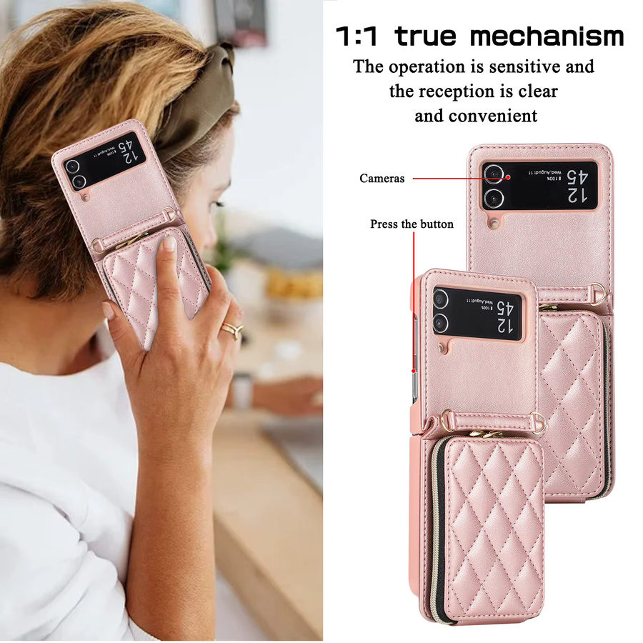 Umhängetasche aus veganem Leder für Samsung Galaxy Z Flip 5G mit Kartenhalter und Handgelenkschlaufe in Purple und Pink - Bild 4