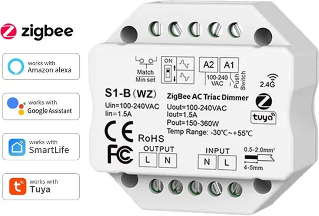MJJCLED S1-B Tuya Zigbee RF AC Triac Dimmer LED Controller mit Push-Schalter in Weiß zur Steuerung über Smart Life App, Alexa und Google Assistant - Bild 1