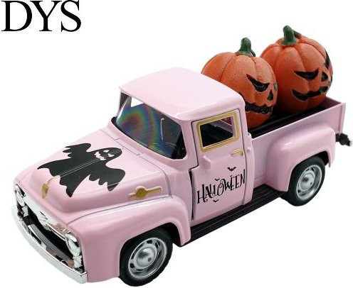 DYS Home Decor Halloween Pick-up Truck Miniaturfigur aus Metall in Rosa mit Kürbis-Oldtimer-Design als Tischdekoration - Bild 1