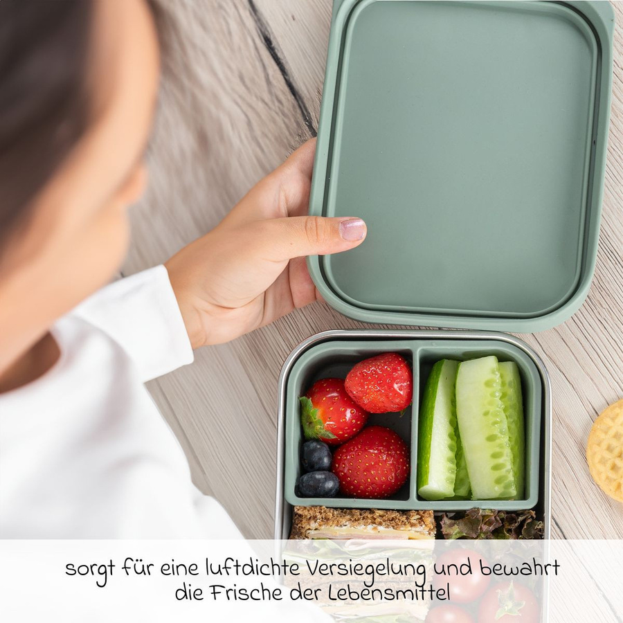 Reer Silikon-Edelstahl-Brotdose mit Trennbehälter, auslaufsicher und luftdicht, Silber/Grün, 700 ml - Bild 2