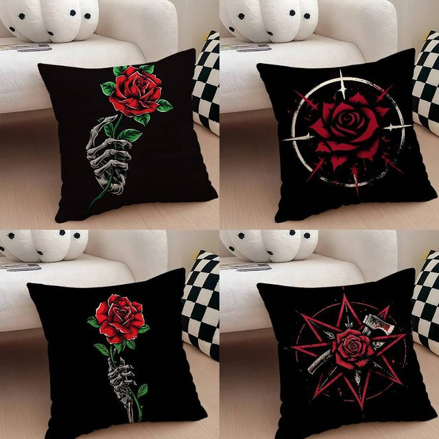 4-teiliges Set 52TOYS Kissenbezüge aus Plüsch mit floralem Rosenmuster in Schwarz und Rot, quadratisch, B/T/H: 40 x 40 x 40 cm - Bild 1