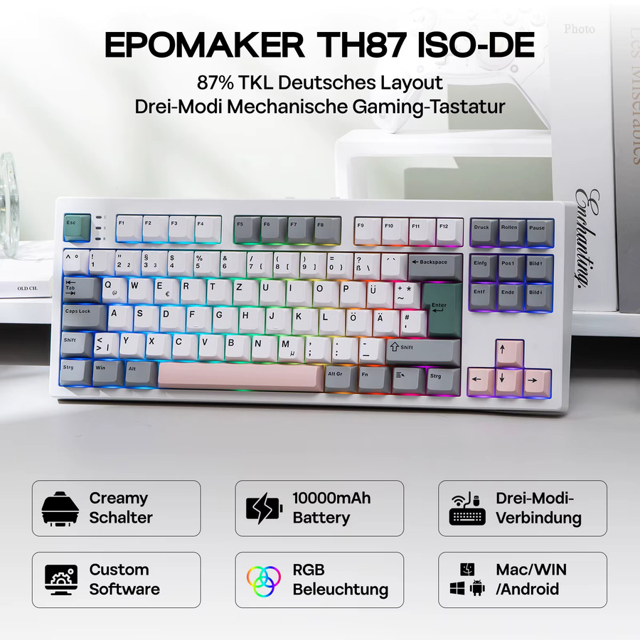 Epomaker TH87 Mechanische Tastatur mit deutschem TKL Layout, Hot-Swap, Gasket Mount, kabellos via Bluetooth, 2,4GHz oder Kabel für PC und Mac - Bild 2