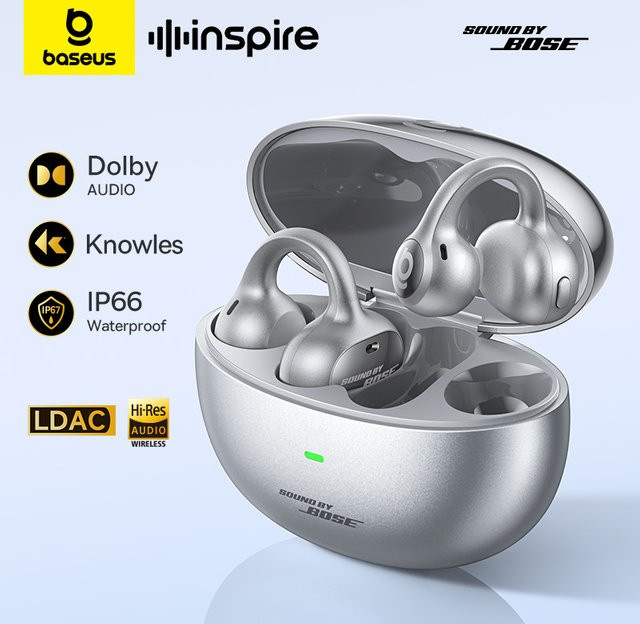 Baseus Inspire XC1 Sound by Bose Ohrclip-Kopfhörer, kabellose Bluetooth 6.1 Open-Ear-Kopfhörer im Ohrring-Design mit 4 Mikrofonen, Schwarz/Silber - Bild 1