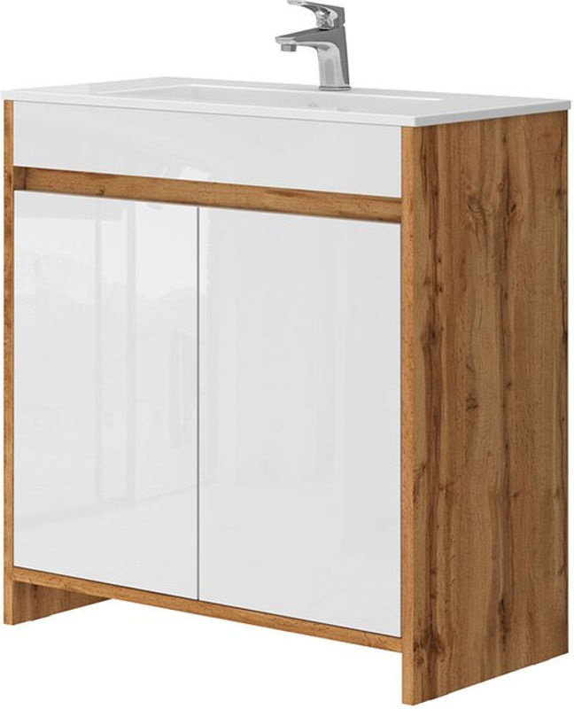 Vicco Waschbecken mit Unterschrank Lemgo Bad-Set aus Eiche und Keramik in Weiß, B: 80 cm, H: 81,9 cm, T: 40 cm - Bild 2
