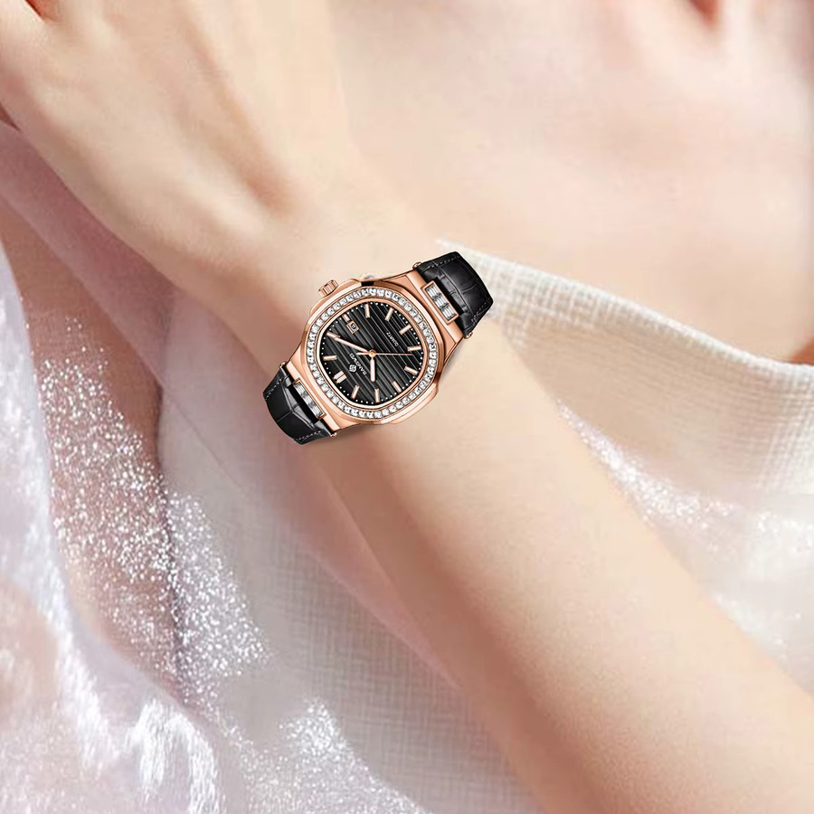 LIGE Armbanduhr, Quarz, Diamantbesetzt, Leder, Damen, Schwarz, Roségold - Bild 4