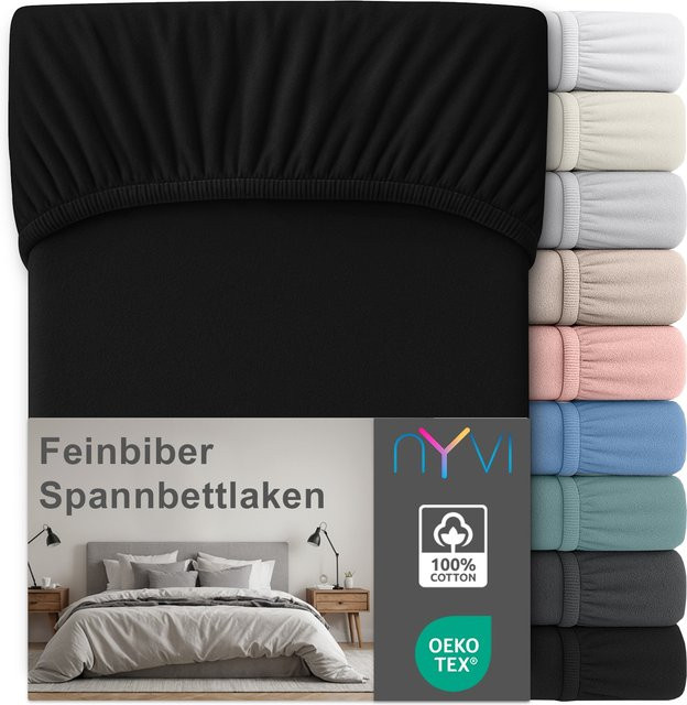 NYVI Feinbiber Spannbettlaken Deluxe aus 100% Baumwolle, Schwarz, B/T: 140 x 200 cm, Steghöhe bis 25 cm - Bild 1