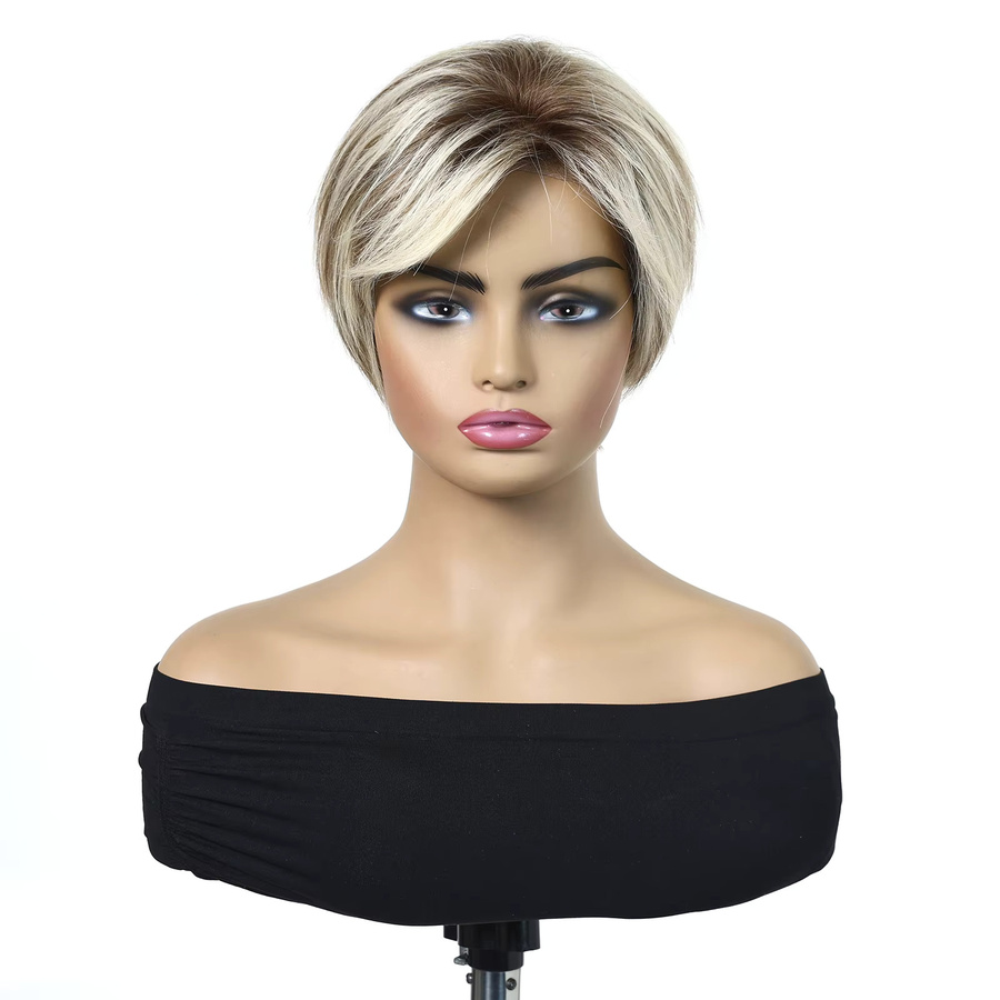 HAIRCUBE Pixie Cut Echthaar Perücke mit Pony, Natürliche Blonde Strähnen, 10 Zoll, Damen - Bild 2
