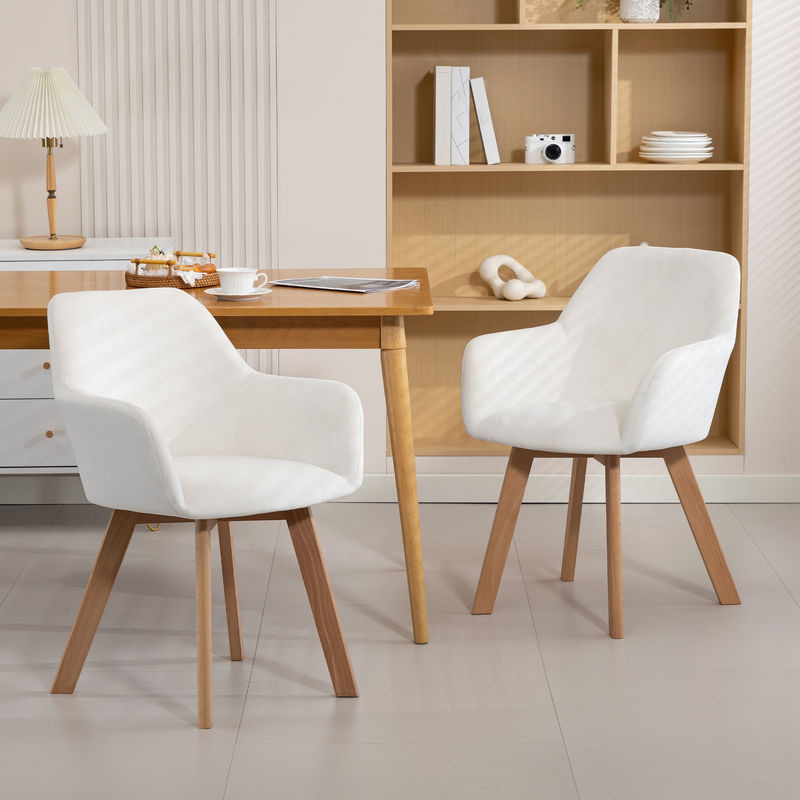 HOMCOM 2er-Set Esszimmerstühle mit Samtoptik und Holzbeinen aus Gummholz, Farbe Creme - Bild 2