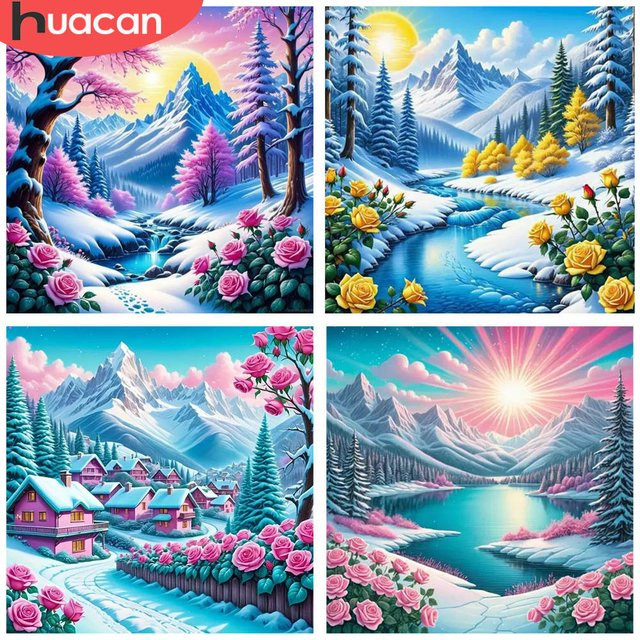 HUACAN 5D DIY Diamant Stickerei Kit Surreal Winter Landschaft mit Schnee und Blumen, Multicolor, 20 x 20 cm - Bild 1