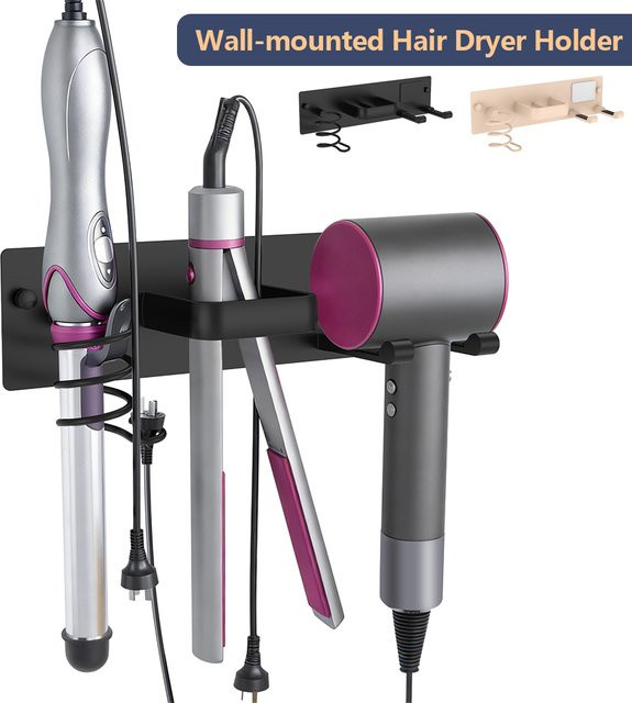 Everso 3-in-1 Haartrocknerhalter aus Metall für die Wandmontage, Universeller Badezimmer-Organizer für Haarwerkzeuge und Lockenstäbe, Schwarz - Bild 1