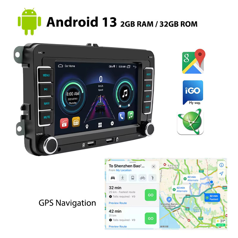 PHYEE Android-Radio 7 Zoll 2 DIN mit kabellosem CarPlay und Android Auto, DAB+ RDS, Bluetooth, GPS, 2 GB RAM, 32 GB Speicher, Schwarz, passend für VW PQ35 Golf 5/6 Jetta Touran - Bild 2