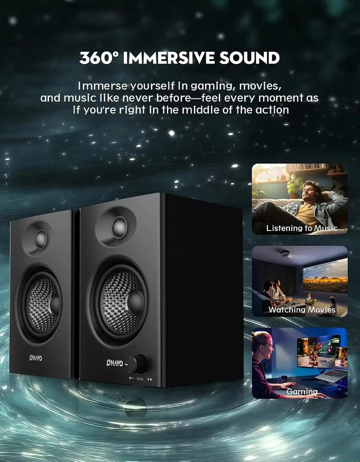 OHAYO 60W Aktive Regallautsprecher in Schwarz mit Glasfaser-Einheit, Bluetooth 5.3 und Multi-Eingängen für USB, RCA und AUX - Bild 3