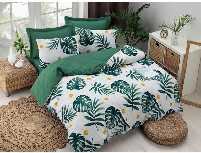 Bettwäsche-Set mit floralem Naturmuster in Grün, bestehend aus 1 Bettbezug (Breite: 220 cm, Höhe: 240 cm) und 2 Kissenbezügen (Breite: 60 cm, Höhe: 60 cm, aus 65% Baumwolle und 35% Polyester) - Bild 1