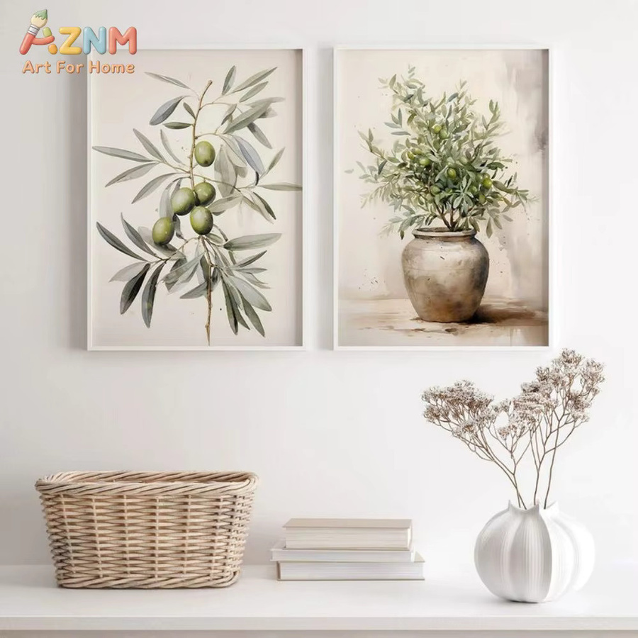 AZNM Leinwanddruck Salbeigrüner Olivenzweig im Topf als minimalistische mediterrane Wandkunst in Aquarell-Optik - Bild 2
