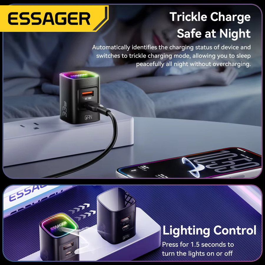 Essager GaN 33W USB Typ-C Ladegerät mit PD-Schnellladefunktion und RGB-Beleuchtung in Schwarz/Multicolor - Bild 4