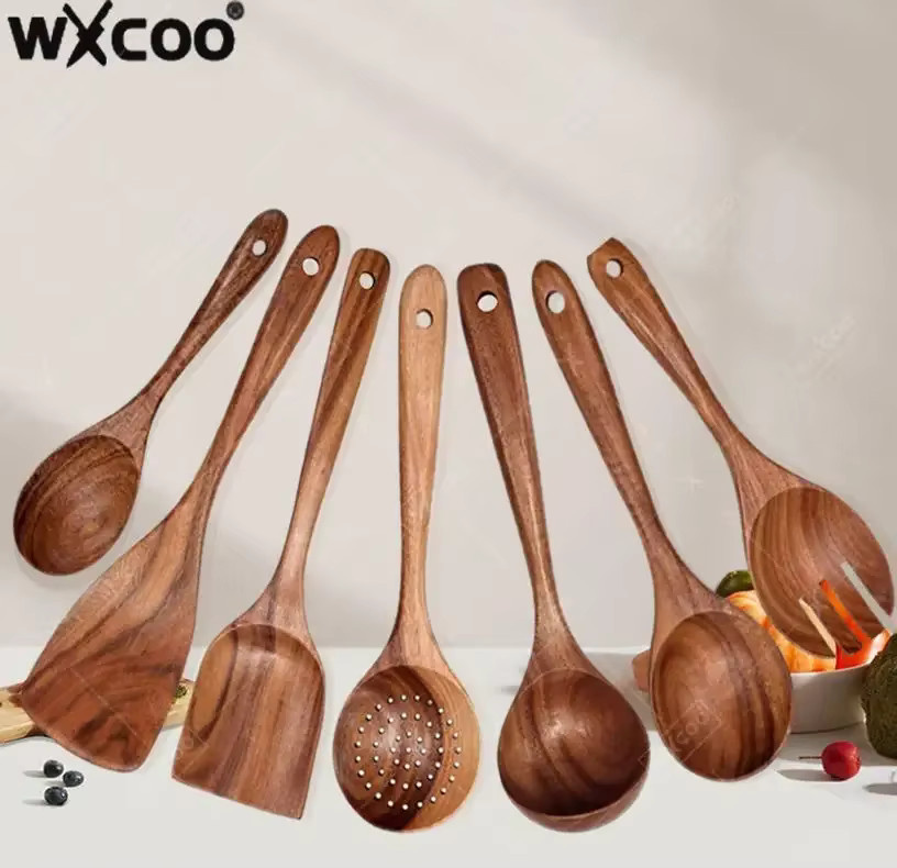 WXCOO Küchenlöffel-Set aus natürlichem Teakholz in Braun, ideal für antihaftbeschichtete Pfannen - Bild 5