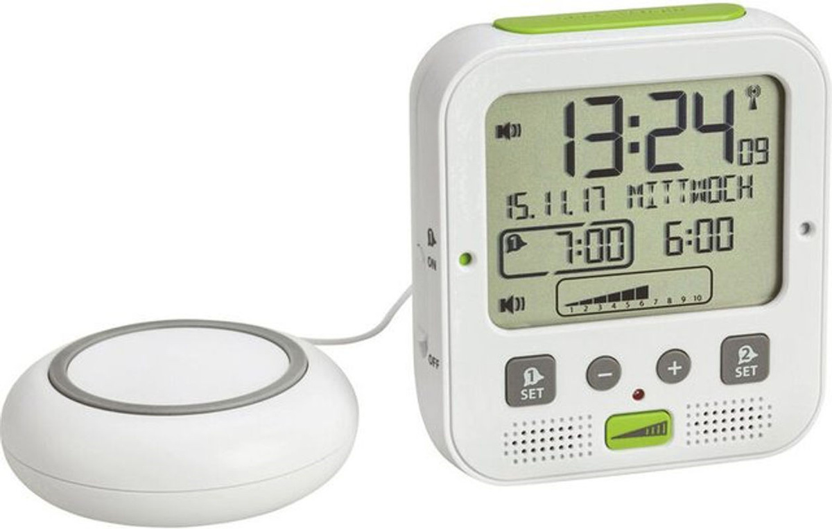 TFA Dostmann Digital Funk Wecker mit Vibrationsalarm und Beleuchtung in Weiß und Grün - Bild 1