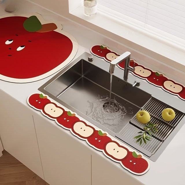 VIKAMA 3-teiliges Küchenarmatur-Set Abtropfmatte im Cartoon-Stil, wasserabsorbierende Trockenmatte für die Küchenarbeitsplatte, Farbe: Rot - Bild 1