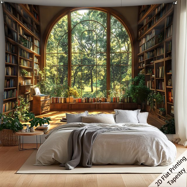 VIKAMA Retro-Wandteppich mit Fensterblick auf eine Bibliothek aus der Waldkollektion, Mehrfarbig, Textil - Bild 1