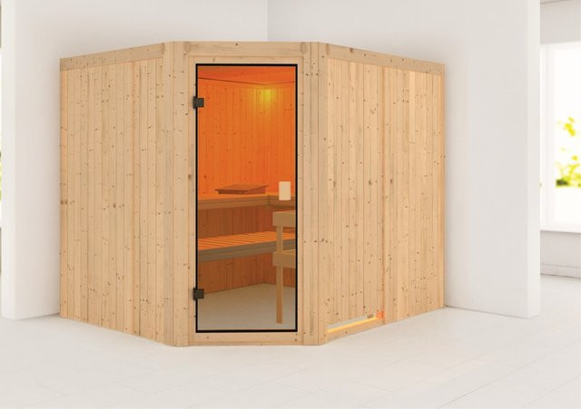 Karibu Sauna Horna mit Eckeinstieg und bronzierter Glastür aus nordischer Fichte, Braun, B/T/H: 231 x 198 x 196 cm - Bild 1