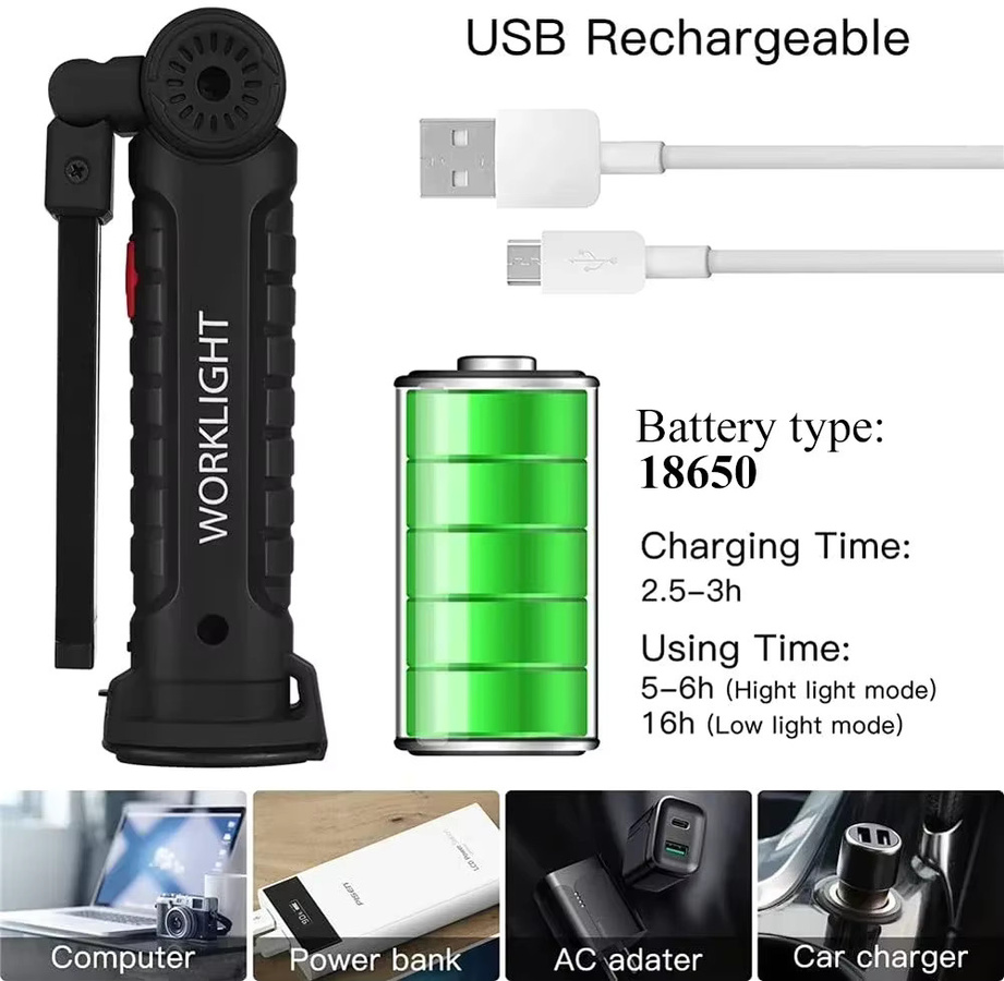 XIWANGFIRE Tragbare COB LED Taschenlampe mit Magnet und USB-Aufladung, Schwarze Camping-Arbeitsleuchte als Hängelampe - Bild 4
