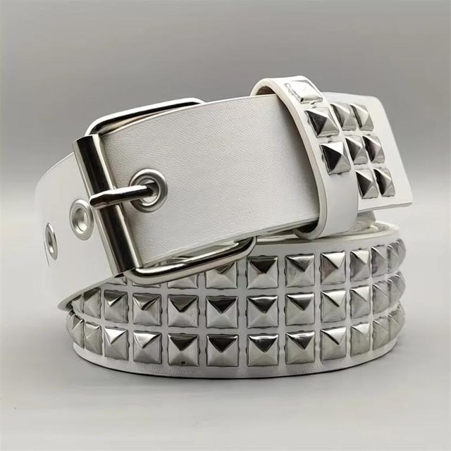 YULIN Gürtel, Metall, Quadratische Perlennieten, Weiß, 115cm, Unisex - Bild 1