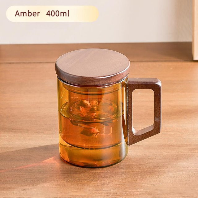 GIANXI Teetasse aus Borosilikatglas mit Walnussgriff in Bernsteinfarbe und Weiß - Bild 1
