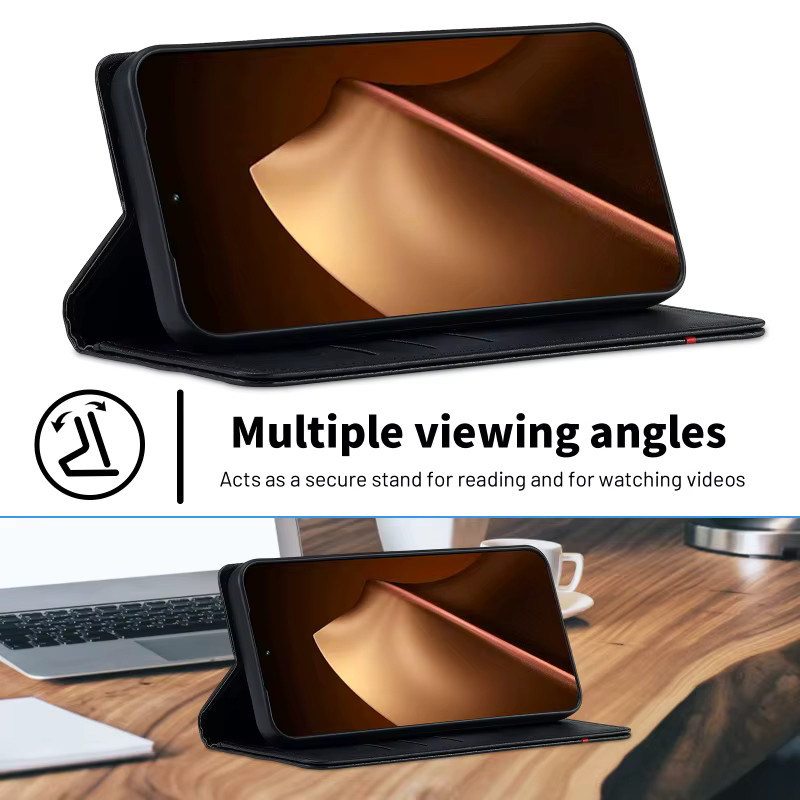 EUCAGR Handyhülle aus Carbonfaser und PU-Leder für Xiaomi 17T Pro mit Kartenfach und Abdeckung, Schwarz - Bild 3