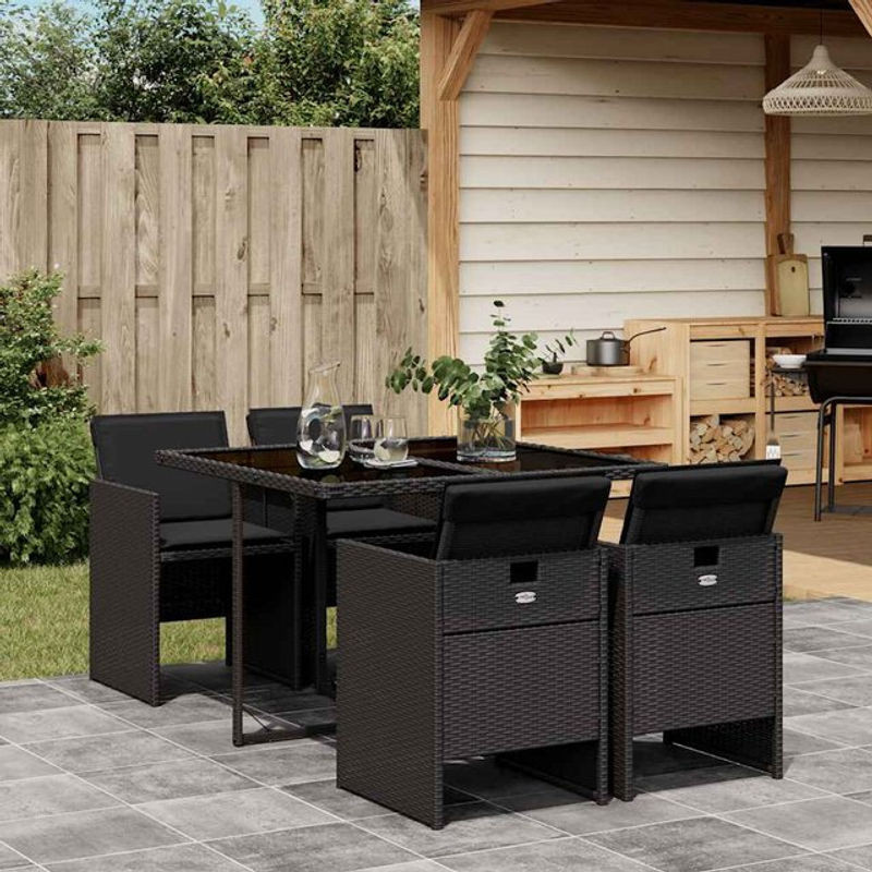 Vidaxl 5-teiliges Gartenmöbel-Set aus Polyrattan mit Kissen und Glas in Schwarz - Bild 1