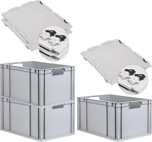 PROREGAL Spar Set 3x Eurobox Nextgen Economy mit Scharnierdeckel und schwarzen Schiebeschnappverschlüssen, Farbe: Schwarz, H x B x T: 32 x 40 x 60 cm, 65 Liter - Bild 1