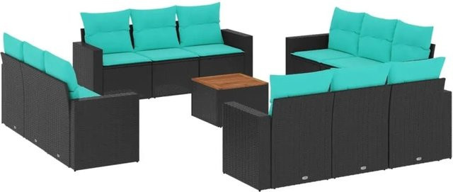 vidaXL 13-tlg. Garten-Sofagarnitur in U-Form aus Polyrattan mit Kissen und Tisch, Schwarz - Bild 1