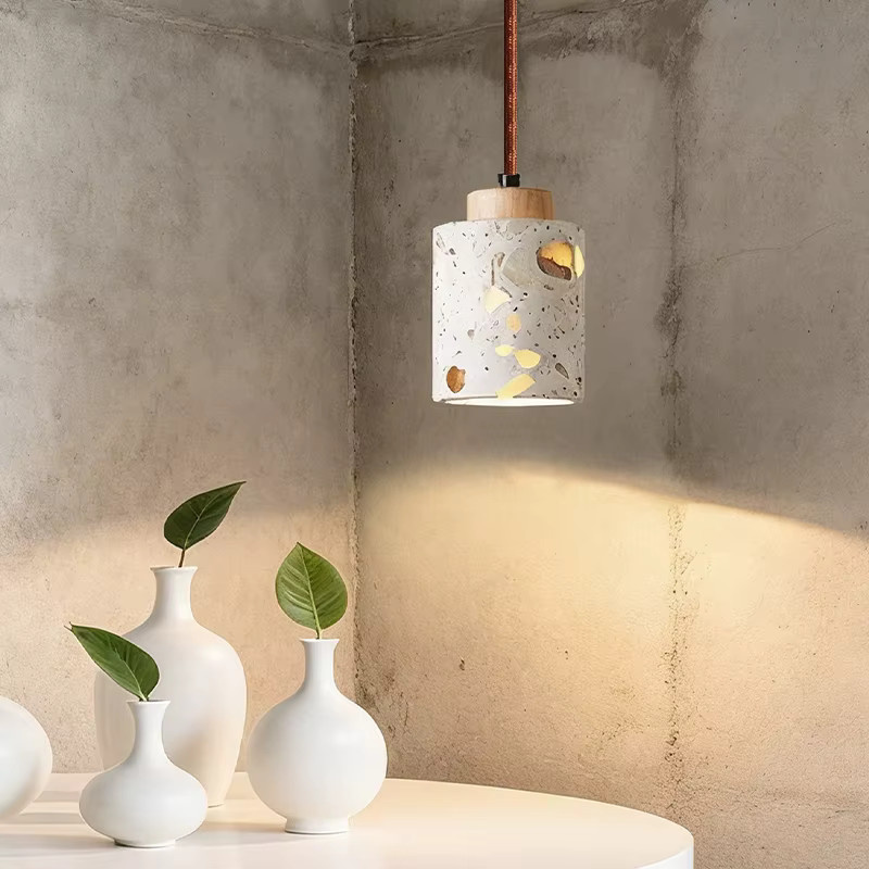 Transluzente Stein-Antik-Kleinpendelleuchte im Zen-Stil aus Walnussholz und Terrazzo in Weiß für Schlafzimmer und Esszimmer - Bild 3