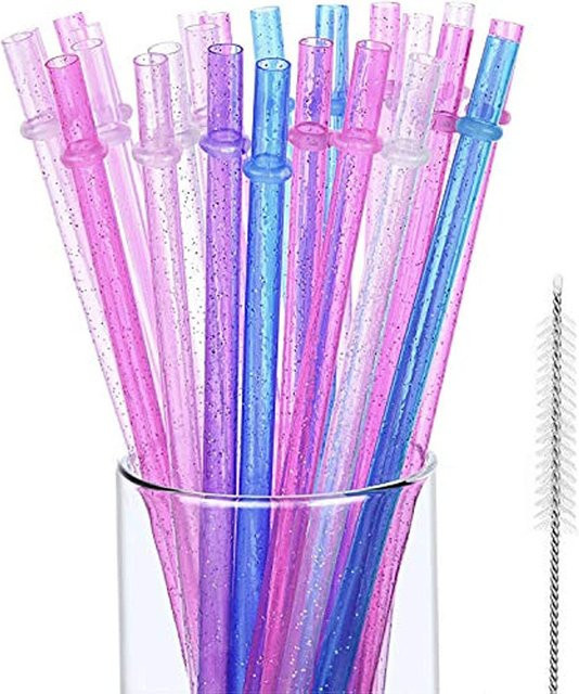 20 Stück wiederverwendbare Kunststoff Trinkhalme mit Glitzer-Effekt in Transparent, inklusive Reinigungsbürste, Länge: 22,86 cm - Bild 1