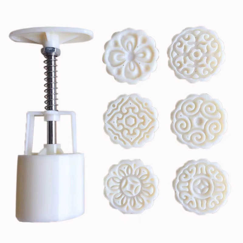6er Set Mooncake Formen in Blumenform aus Kunststoff, Weiß, Runde Ausstechformen für Fondant und Kuchen - Bild 3