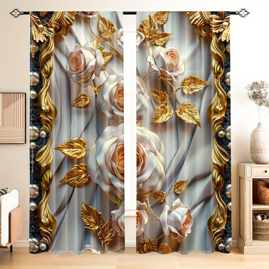 2-teiliges Set Yiran Furniture Vorhänge mit floralem Design in Gold, semi-transparent, Breite: 50 cm, Höhe: 130 cm - Bild 1