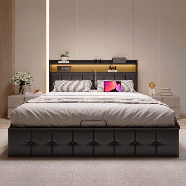 Anajqaqia Polsterbett mit Stauraum und Hydraulikfunktion, Doppelbett aus Leder, Schwarz, B/T: 160 x 200 cm - Bild 1