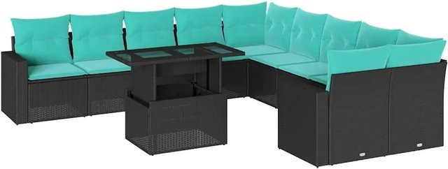 vidaXL 11-tlg. Gartensofa-Set in U-Form aus Polyrattan mit Kissen, Schwarz - Bild 1