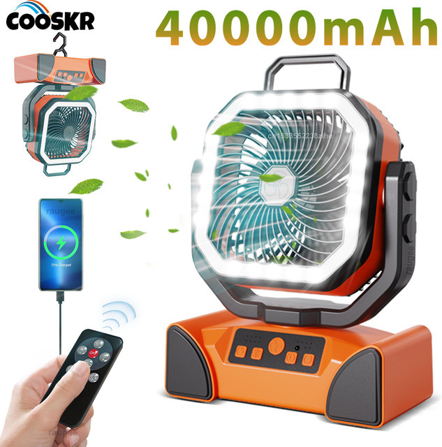 Raugee Campingventilator mit 40000mAh Akku, tragbarer USB-wiederaufladbarer Tischventilator und Deckenventilator mit LED-Licht und Fernbedienung, Schwarz/Orange - Bild 1