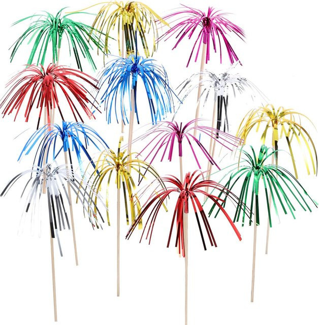100 Stück Feuerwerk Cupcake Topper mit Folienrüschen in Multicolour, 22,9 cm lange Kuchendekoration für Feiern und Abschlussfeiern - Bild 1