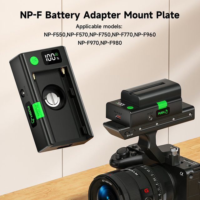 PALO NP-F Batterieladegerät mit Batterieadapterplatte und Kaltschuhadapter sowie 1/4 Zoll Anschluss für NP-F550 F750 F970 F980, Schwarz - Bild 1