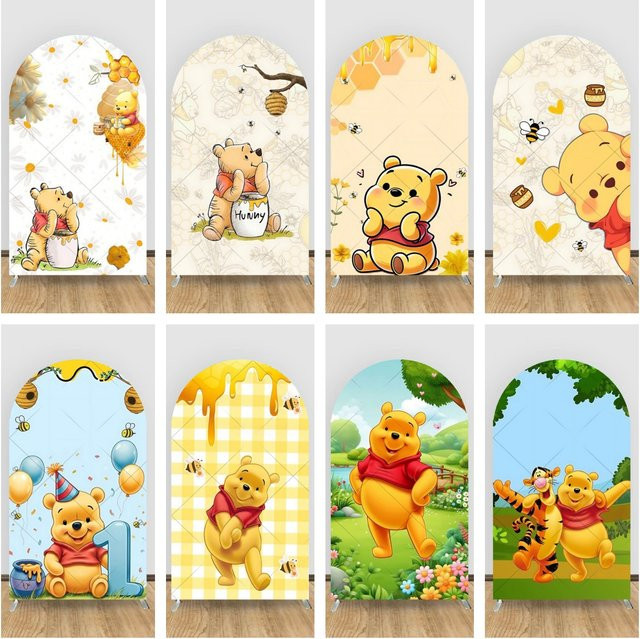 Potdemiel Winnie Puuh Babyparty Hintergrundbezug mit Tiermotiven und Blumen in Mehrfarbig als Poster für die Geburtstagsfeier - Bild 1