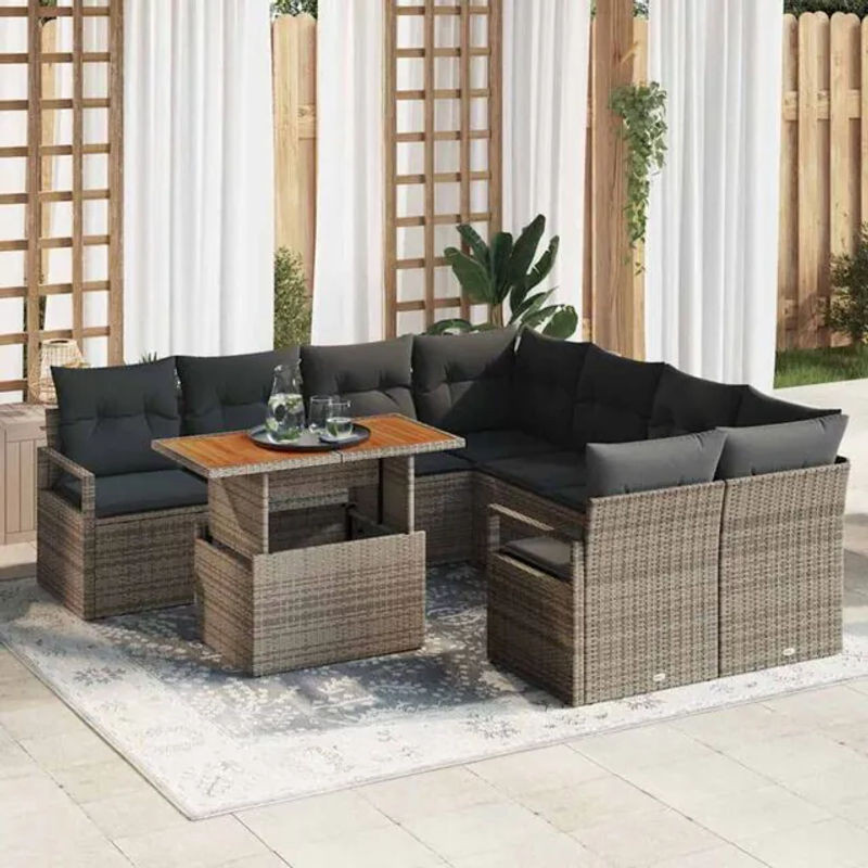 VIDAXL Gartenmöbel-Set aus Polyrattan und Akazie mit 9 Teilen und Kissen, Grau und Braun, B/T/H: 100 x 55 x 73 cm - Bild 1