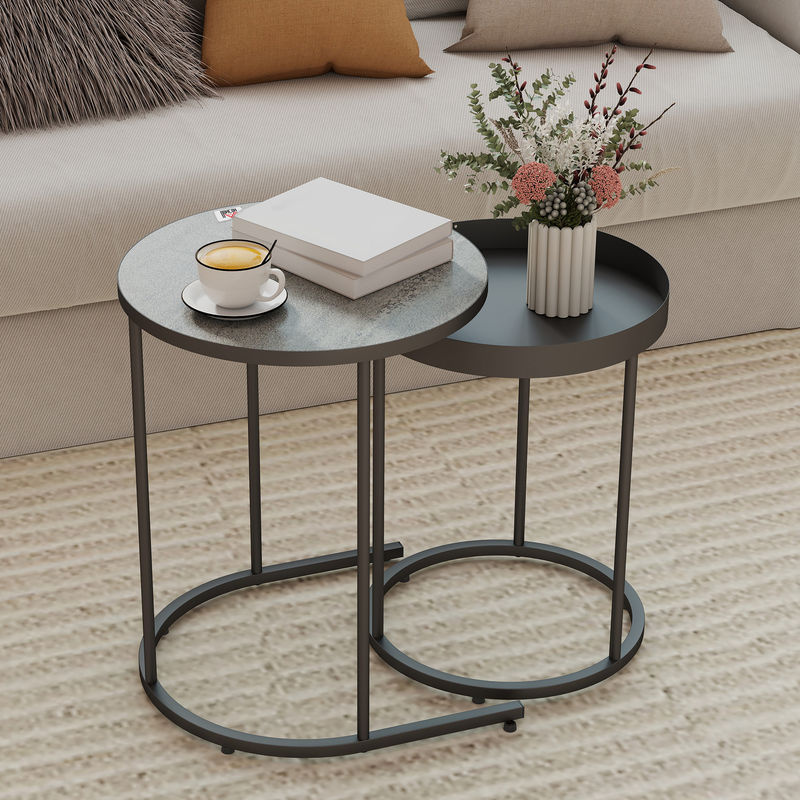 HOMCOM Couchtisch 2er Set Rund in Holzoptik und Grau mit Metallgestell im industriellen Stil - Bild 2